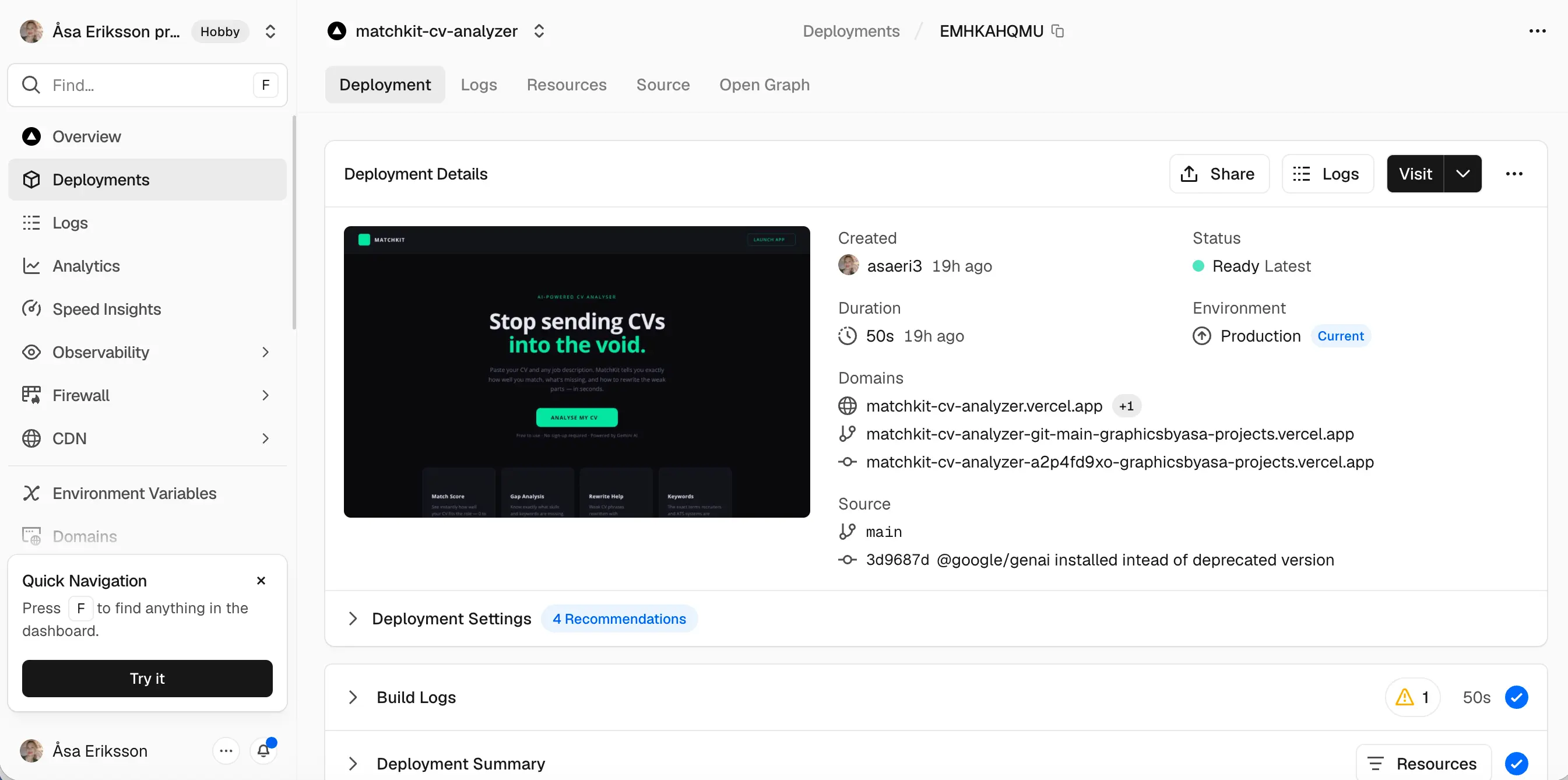 MatchKit production deployment on Vercel — serverless function and environment configuration