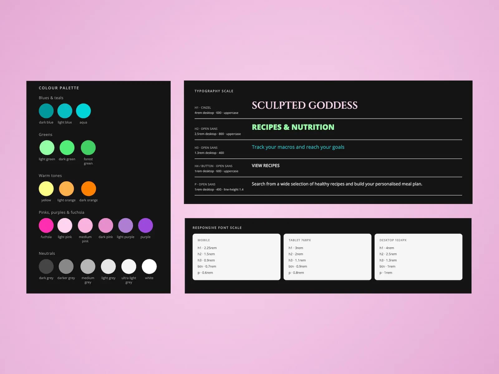 Sculpted Goddess designsystem — färgpalett och responsiv typografi