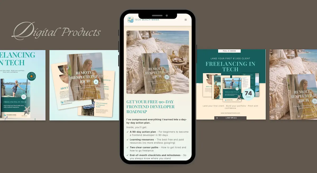 Tech Beach Mama produktsektion med e-bok om frontendkarriär och guide till frilansande
