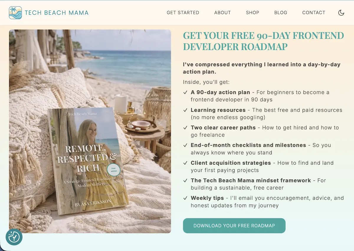 Tech Beach Mama live — startsida och nyhetsbrevsfunnel